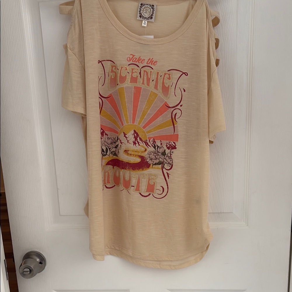 Beige Graphic Tee with Scenic Route Design